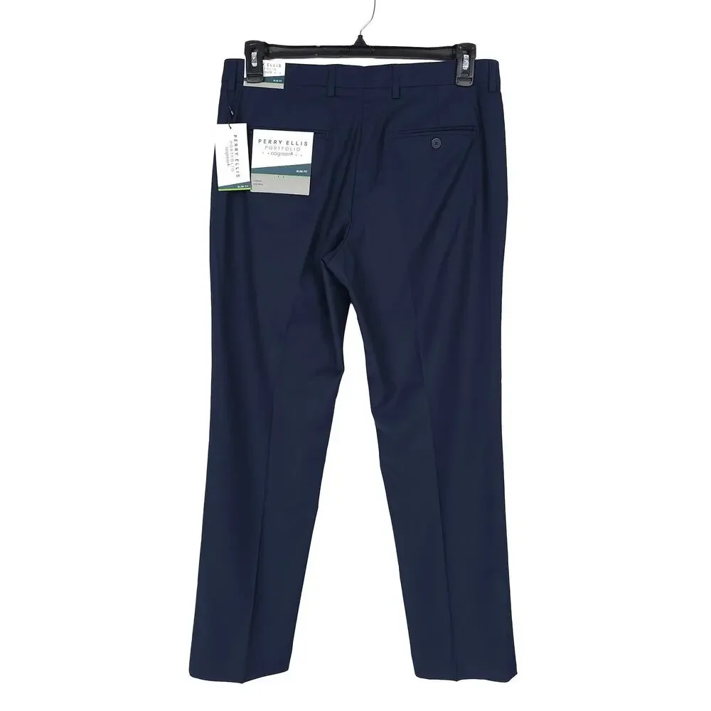 Perry Ellis Mens Slim Fit Dress Pants 38x32 Dark Blue Solid Stretch Micro Twill
